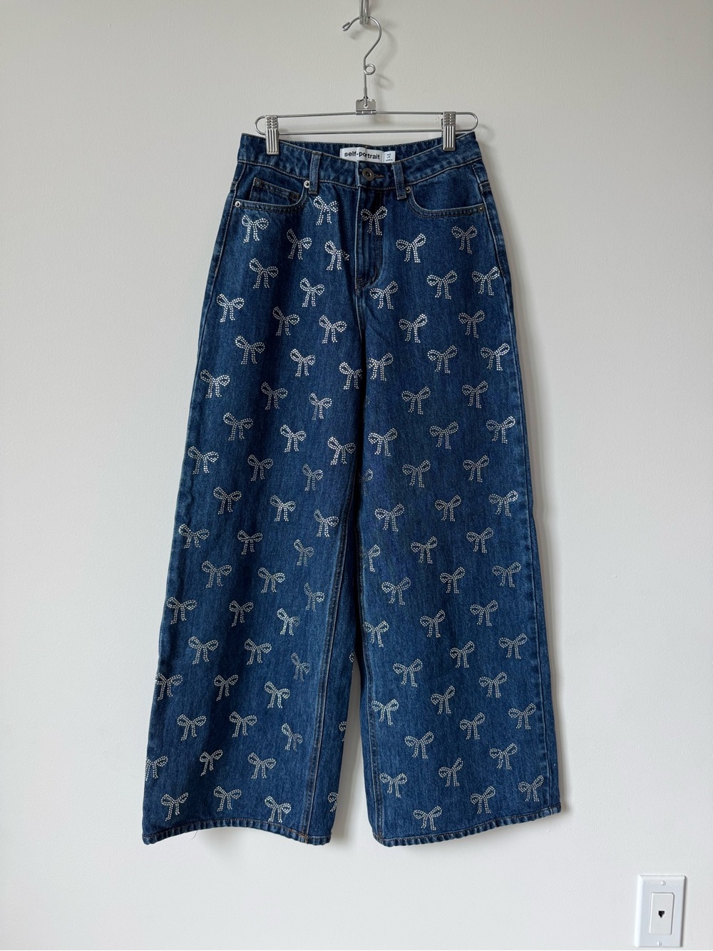 Self-Portrait High Rise Wide Leg Jeans with Crystal Bow Embellishments - Size 25